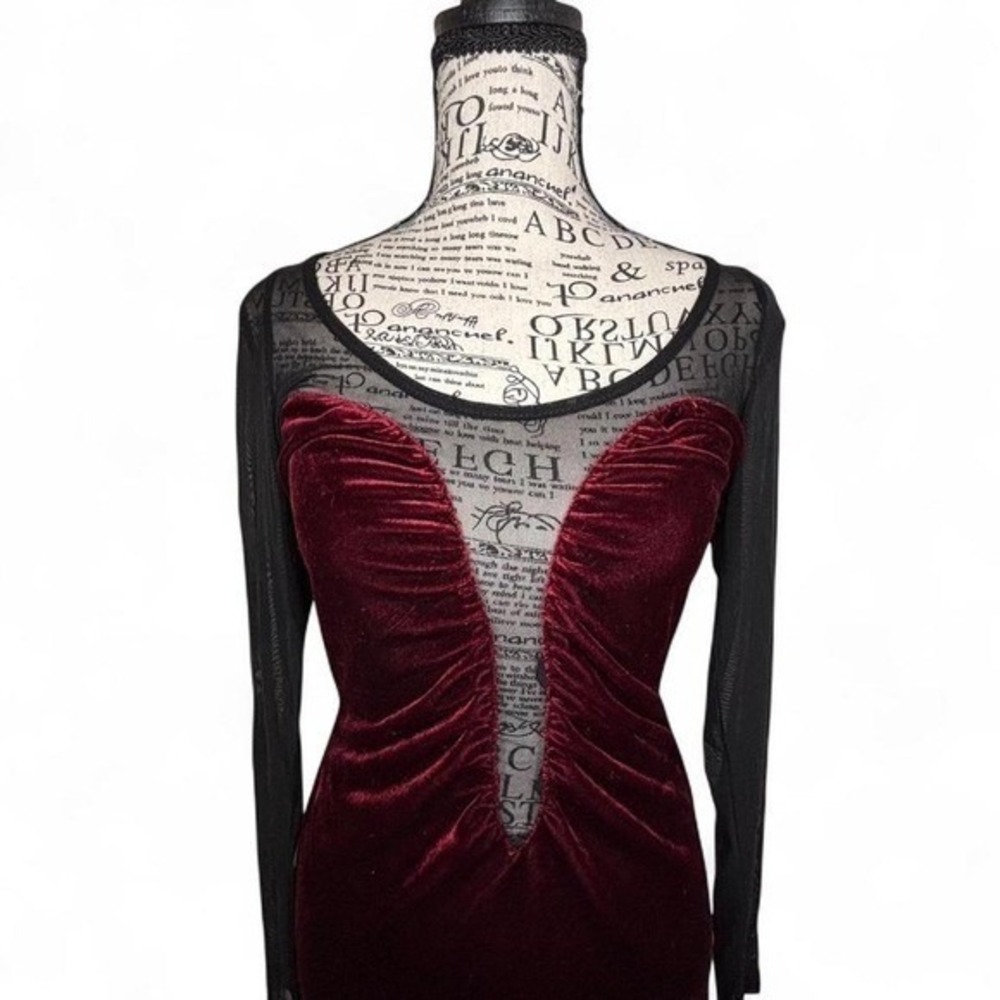 ASOS Burgundy Velvet Mesh Whimsigoth Deep V Ruched Illusion Cocktail Dress